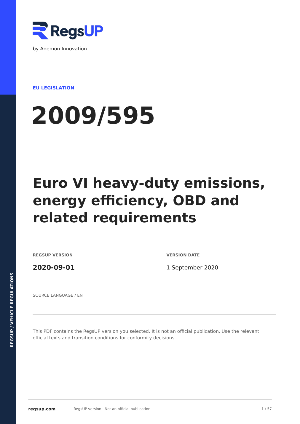 Regulation (EC) 595/2009 — Euro VI Heavy-Duty Emissions | English PDF — current PDF cover