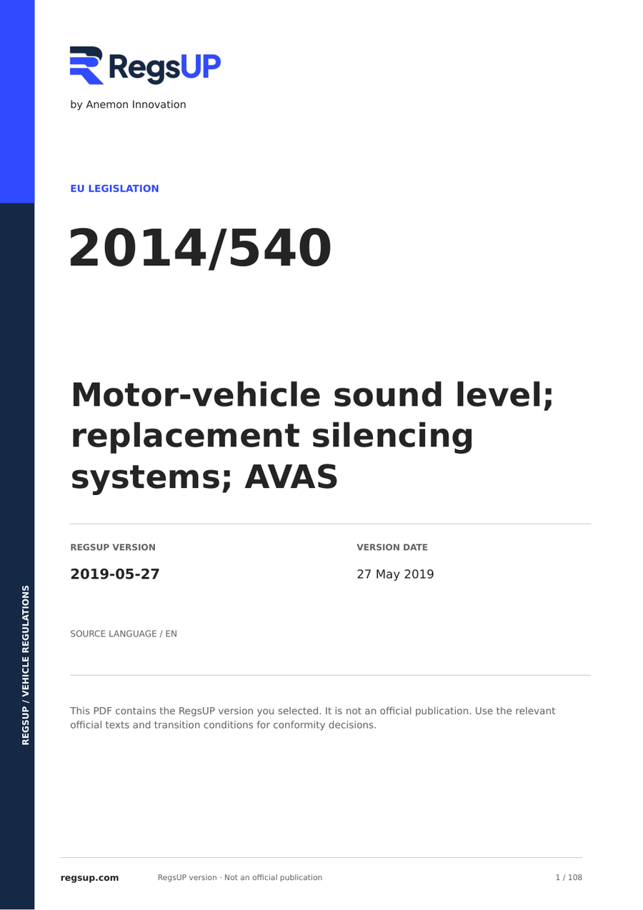 Regulation (EU) 540/2014 — Vehicle Noise and AVAS | English PDF