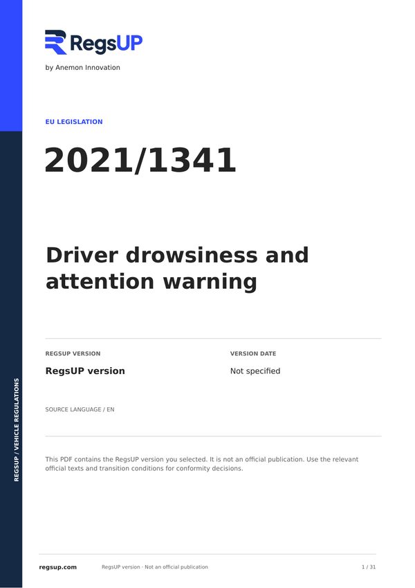 Regulation (EU) 2021/1341 — Driver Drowsiness and Attention Warning | English PDF