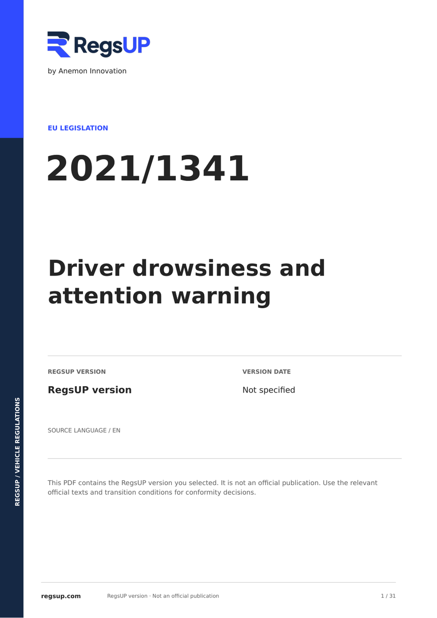 Regulation (EU) 2021/1341 — Driver Drowsiness and Attention Warning | English PDF