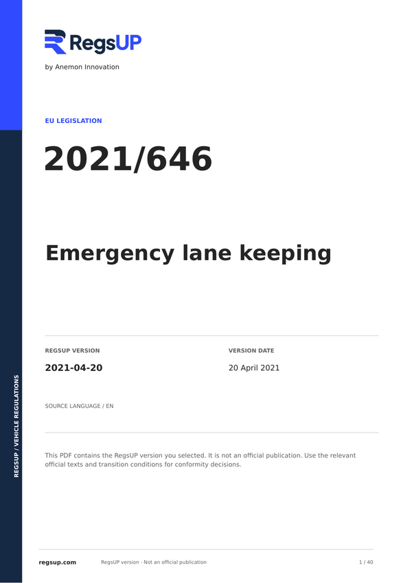 Regulation (EU) 2021/646 — Emergency Lane Keeping | English PDF