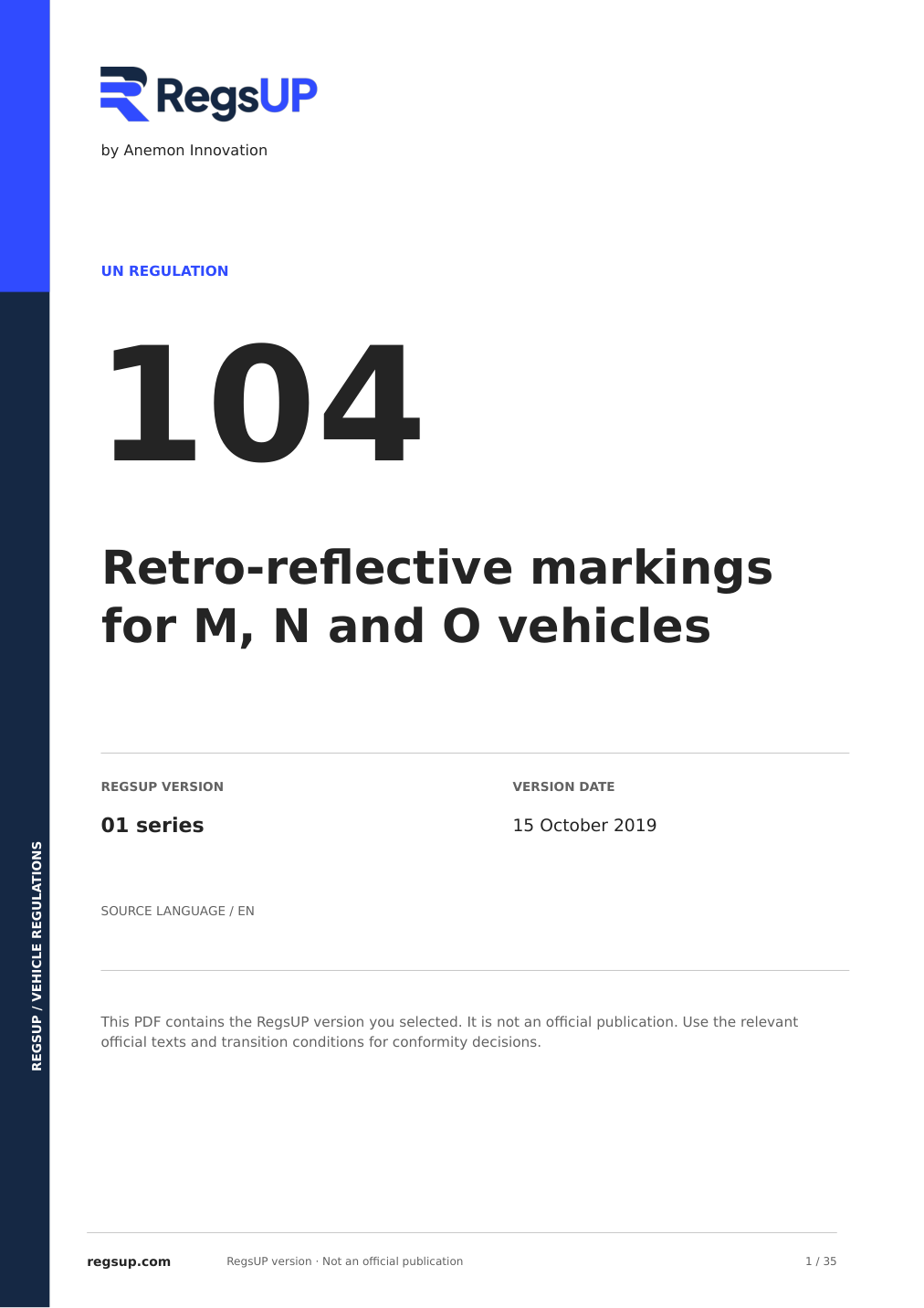 UN R104 — Retro-Reflective Vehicle Markings | English PDF — current PDF cover