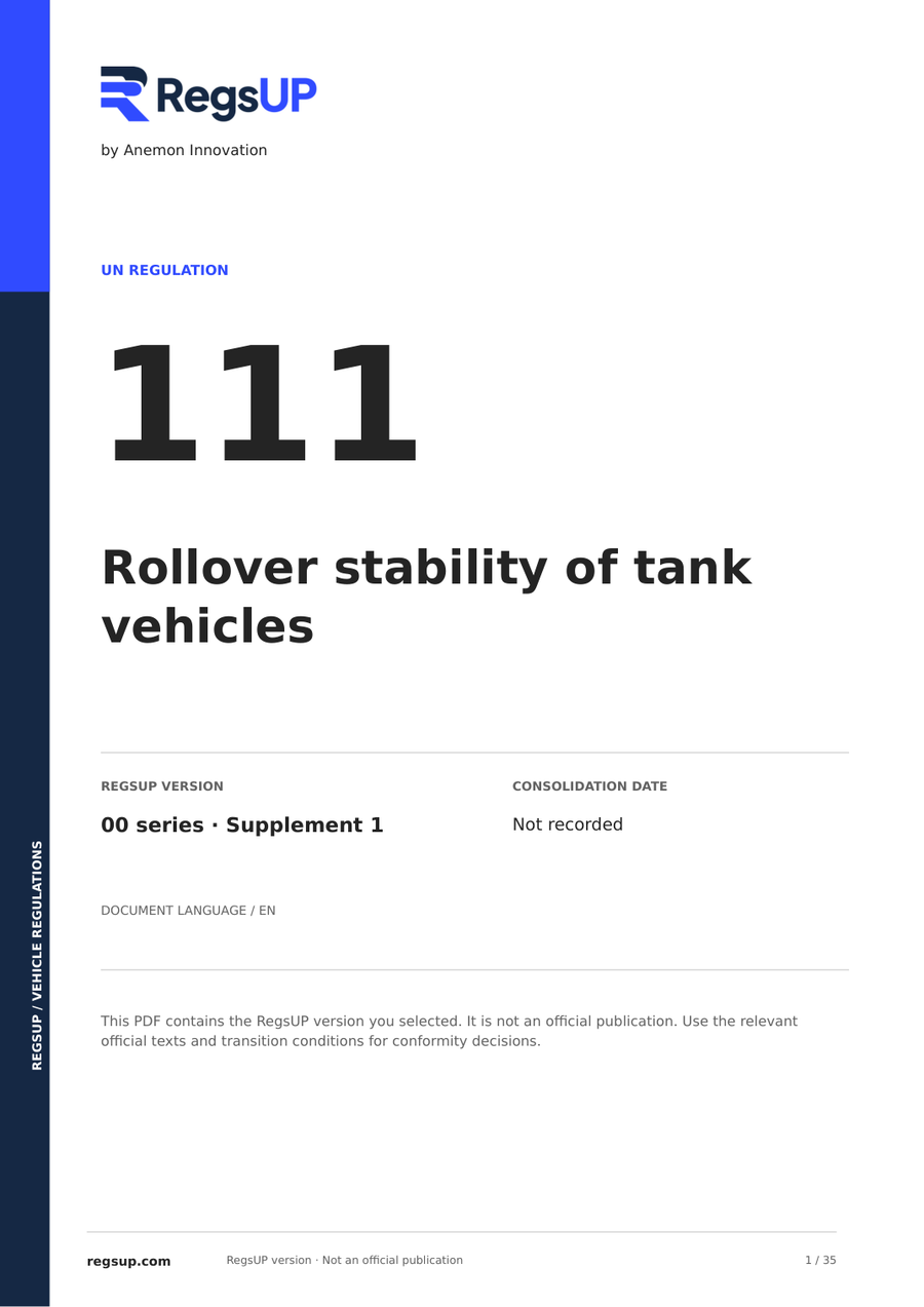 UN ECE R111 — Tank Vehicle Rollover Stability · 00/S1 | English PDF