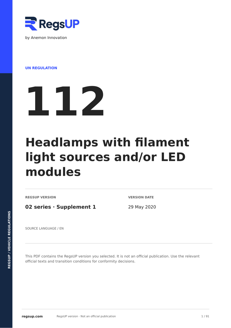 UN ECE R112 — Scheinwerfer mit Glühfaden- und LED-Lichtquellen · 02/S1 | PDF auf Englisch