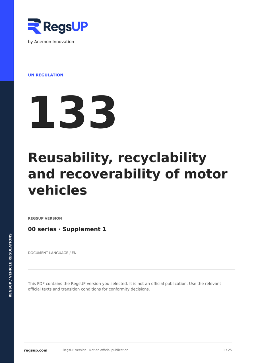 UN ECE R133 — Reciclabilidad y valorización de vehículos · 00/S1 | PDF en inglés