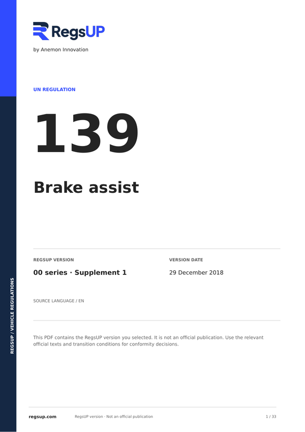 UN ECE R139 — Brake Assist Systems · 00/S1 | English PDF