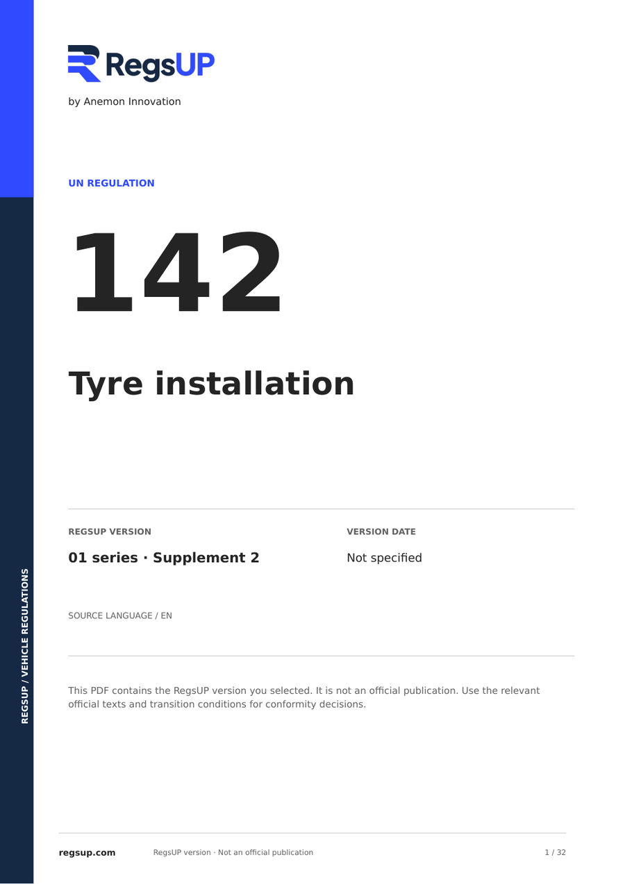 UN ECE R142 — Instalación de neumáticos · 01/S2 | PDF en inglés