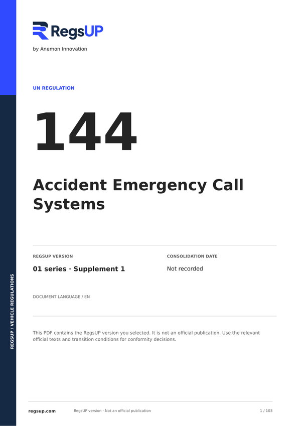 UN ECE R144 — Accident Emergency Call Systems (AECS) · 01/S1 | English PDF