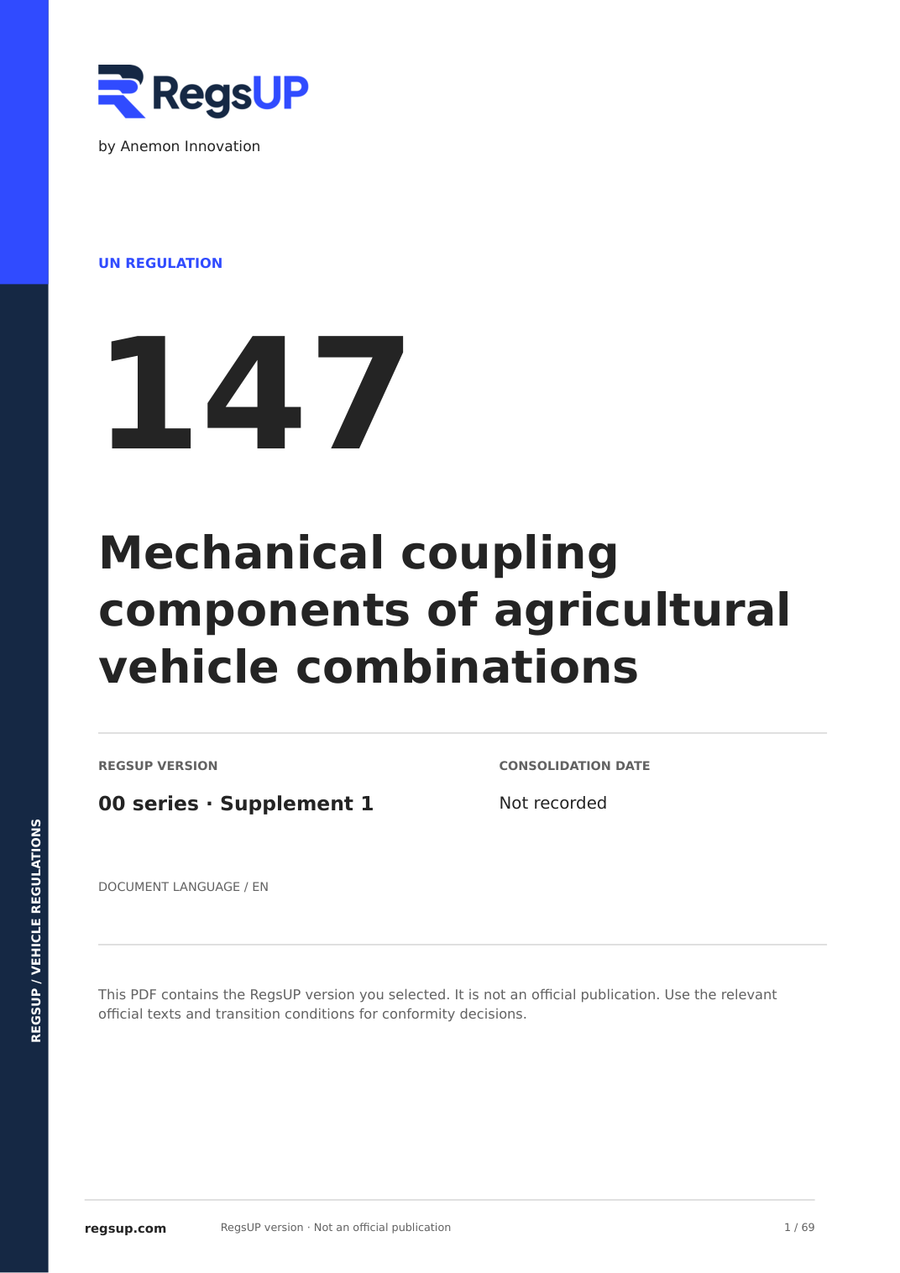 UN ECE R147 — Dispositivos de acoplamiento mecánico para vehículos agrícolas · 00/S1 | PDF en inglés