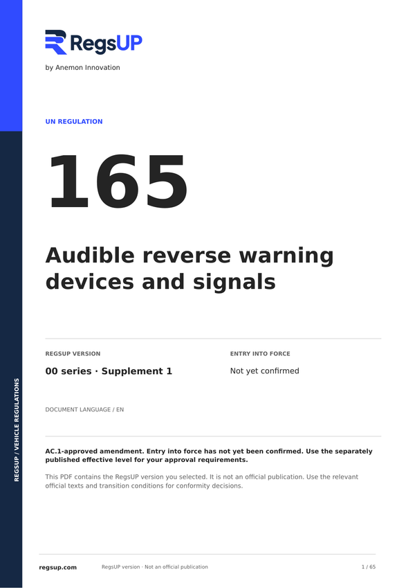 UN ECE R165 — Audible Reversing Warning Devices · 00/S1 | English PDF · Not yet in force