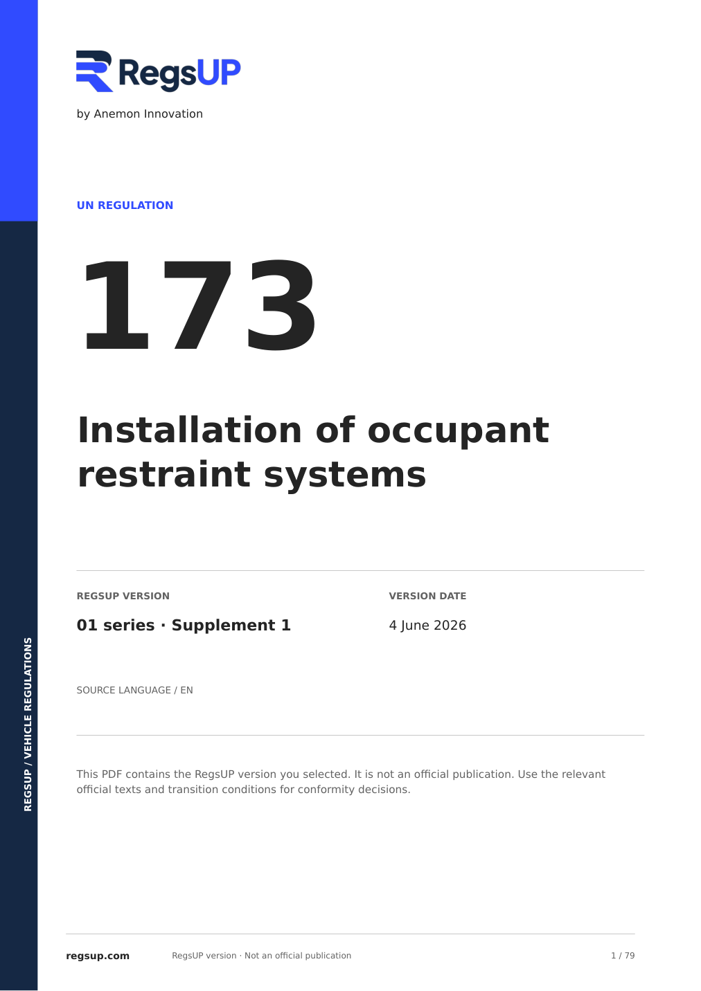 UN R173 — Installation of Occupant Restraint Systems | English PDF — actual current PDF cover