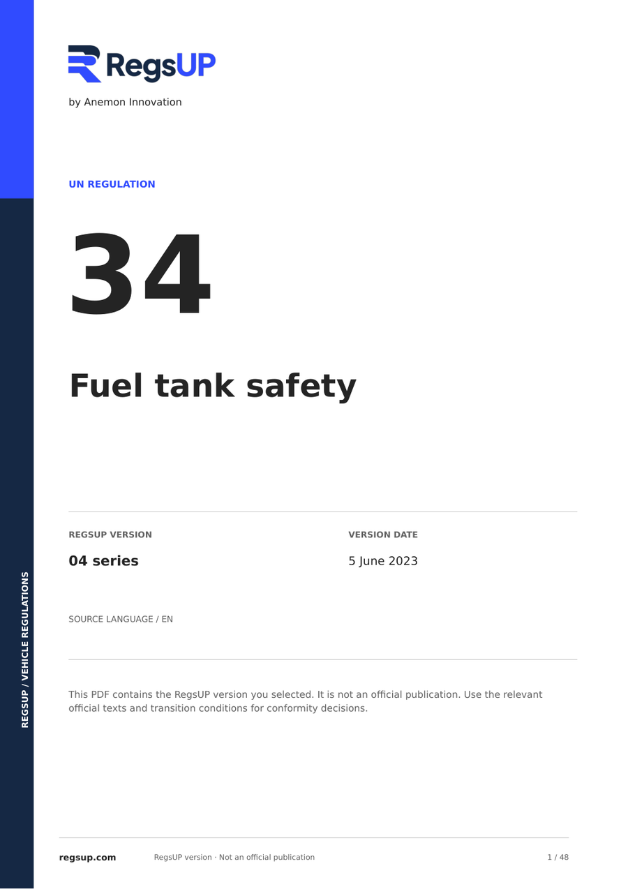 UN ECE R34 — Yakıt Deposu ve Yangın Güvenliği · 04 | İngilizce PDF