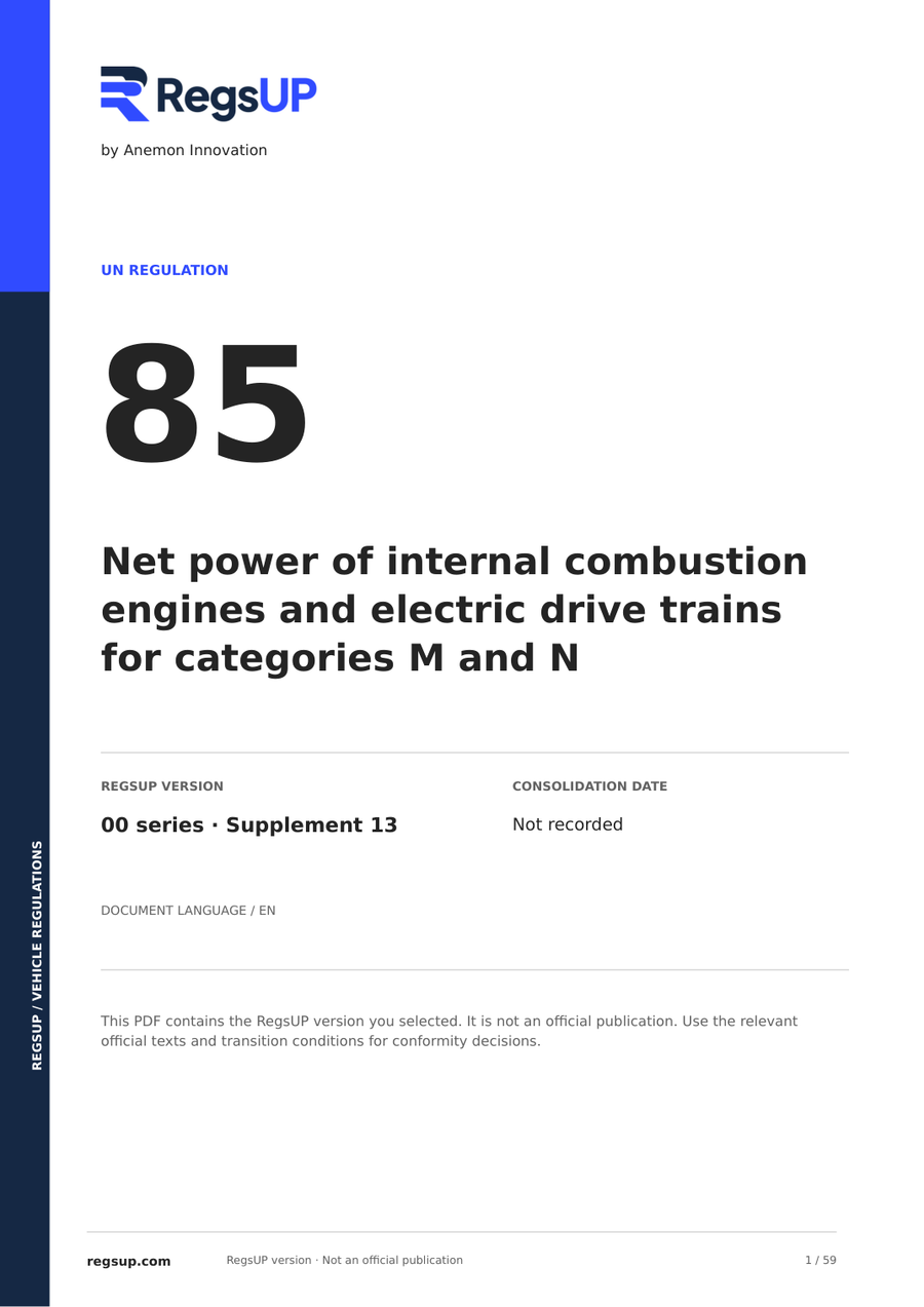 UN ECE R85 — Motor ve Elektrikli Güç Aktarma Sistemi Net Gücü · 00/S13 | İngilizce PDF