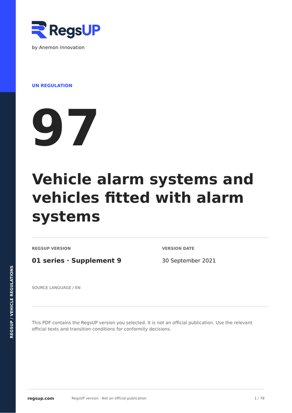 UN ECE R97 — Vehicle Alarm Systems · 01/S9 | English PDF