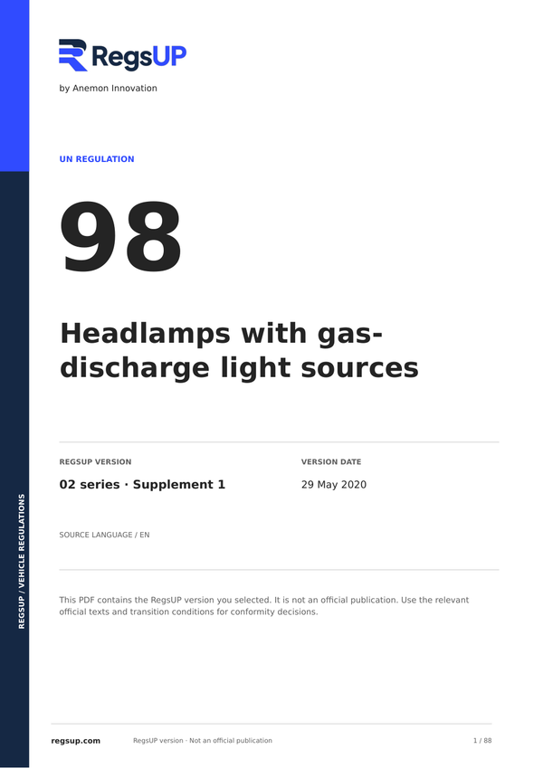 UN ECE R98 — Gas-Discharge Headlamps · 02/S1 | English PDF